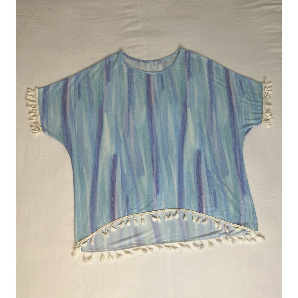 Boho Swimsuit Cover Mini Dress One Size Blue White Fringe Elsie & Zoey Summer
